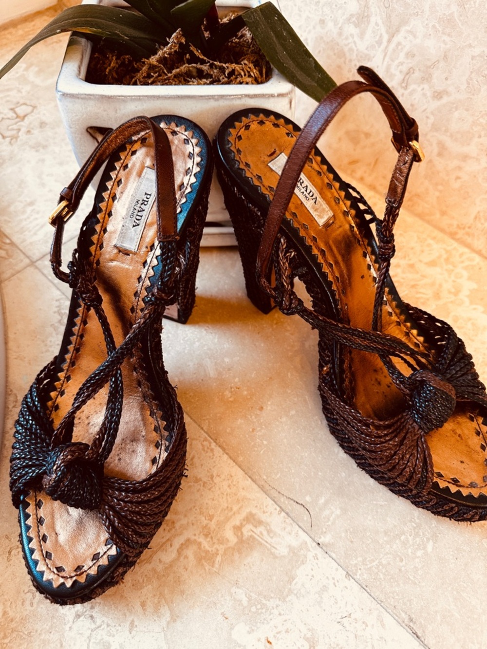 Prada Braided Raffia Slingback Heels